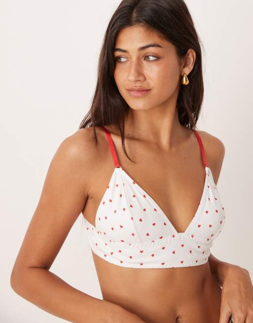 ASOS DESIGN Lulu flock heart longline soft bra in white and red, 4 of 4