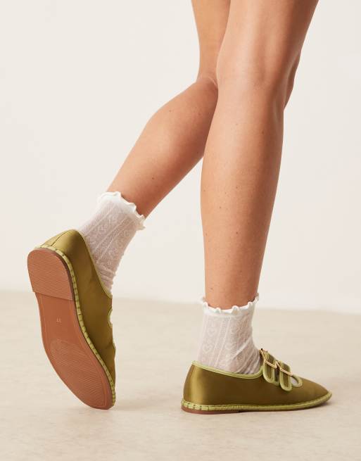 ASOS DESIGN Lumina double strap mary jane ballet flats in green satin mix
