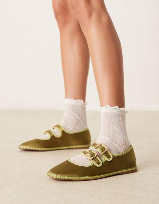 ASOS DESIGN Lumina double strap mary jane ballet flats in green satin mix