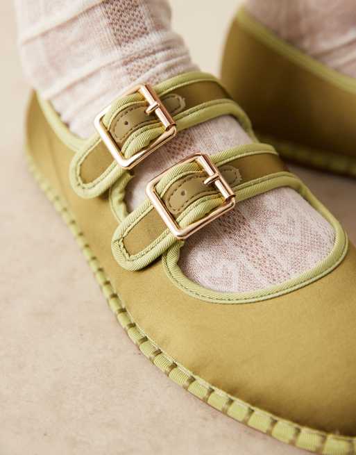 ASOS DESIGN Lumina double strap mary jane ballet flats in green satin mix