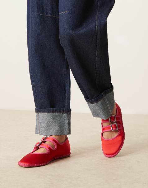 ASOS DESIGN Lumina double strap mary jane ballet flats in red satin mix - view 1