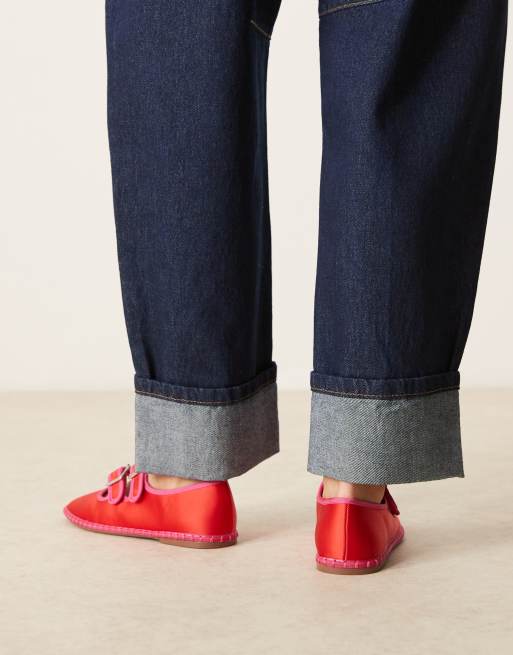 ASOS DESIGN Lumina double strap mary jane ballet flats in red satin mix