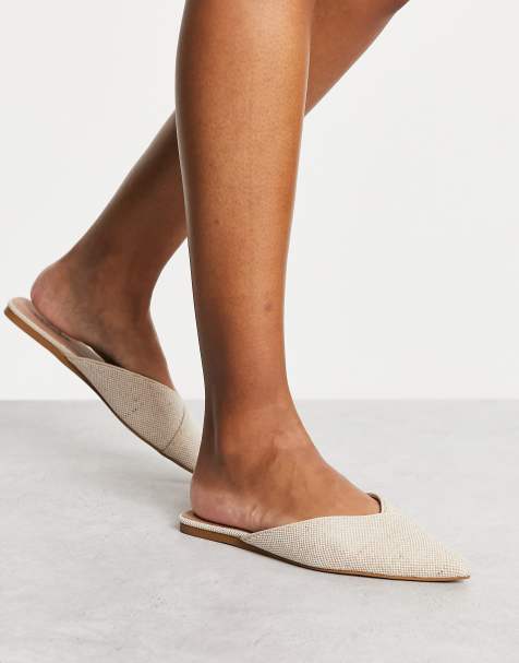 ASOS DESIGN Wide Fit Motto chain flat raffia mules in beige