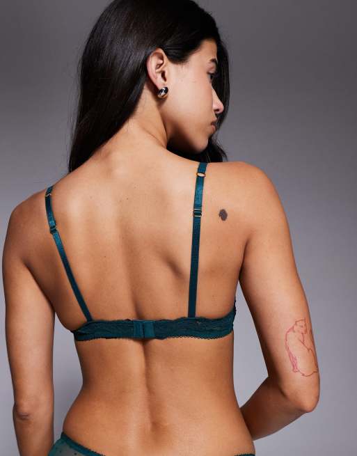 ASOS DESIGN – Luna – Skogsgrön trekantsbehå med flockat stjärnmönster och spetskanter, 4 av 4
