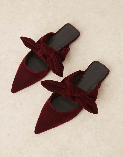 ASOS DESIGN Lunar bow detail mules in burgundy velvet