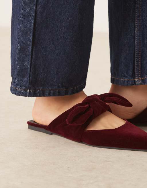 ASOS DESIGN Lunar bow detail mules in burgundy velvet