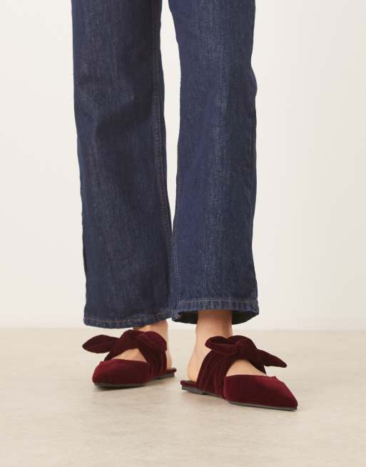 ASOS DESIGN Lunar bow detail mules in burgundy velvet