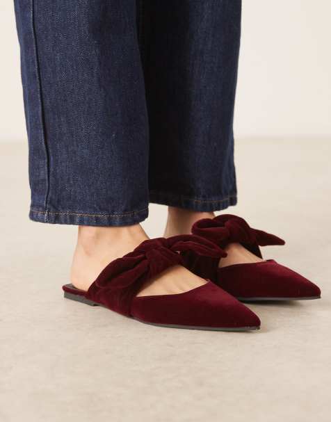 ASOS DESIGN – Lunar – Vinröda mules i sammet med rosett - view 1