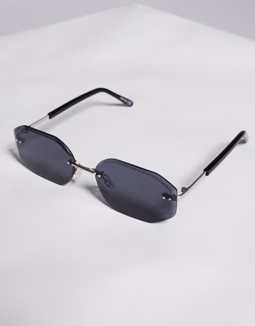 ASOS DESIGN - Lunettes de soleil à monture invisible avec verres noirs et branches argentées en métal , 2 de 3