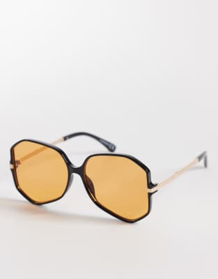 Lunettes de soleil à monture skinny angulaire style années 70 avec verres orange