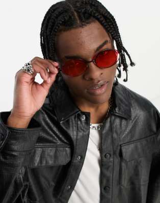 ASOS DESIGN oval round sunglasses with double frame and red lens in black - ASOS Price Checker