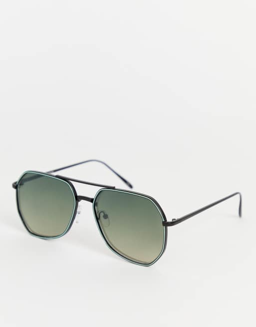 ASOS DESIGN - Lunettes de soleil aviateur à monture angulaire en métal avec verres fumés dégradés et détail fluo