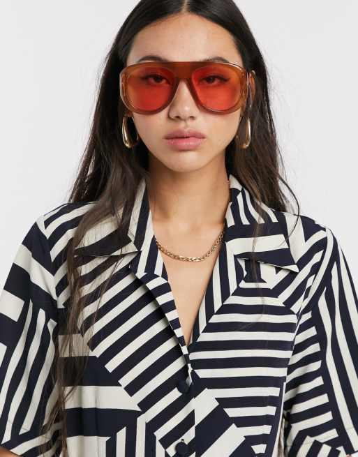 ASOS DESIGN Lunettes de soleil aviateur à monture chunky en plastique style 70's Marron ASOS DESIGN Lunettes de soleil aviateur à monture chunky en plastique style 70's Marron