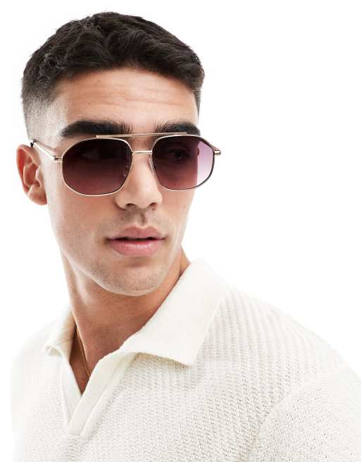 ASOS DESIGN - Lunettes de soleil aviateur à verres dégradés violets - Doré mat
