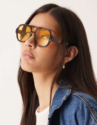 ASOS DESIGN - Lunettes de soleil aviateur à verres jaunes - Écaille de tortue lacté-Brown