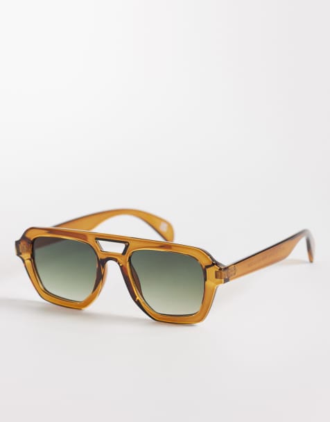 ASOS DESIGN - Lunettes de soleil aviateur angulaires à verres verts - Marron transparent - view 1