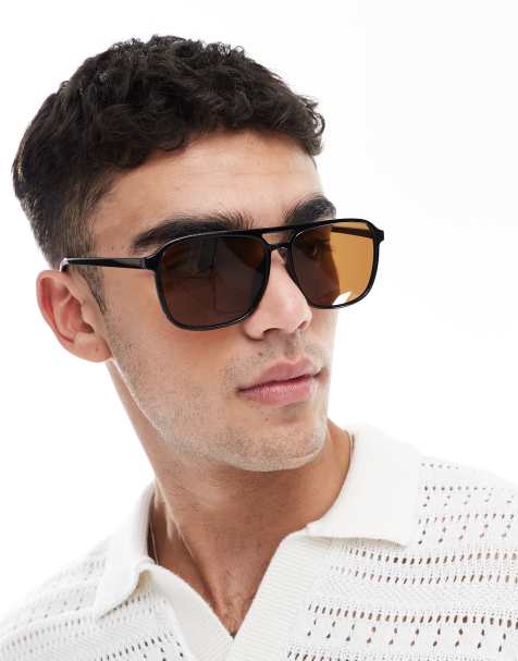 ASOS DESIGN - Lunettes de soleil aviateur avec monture noire et verres marron - view 1