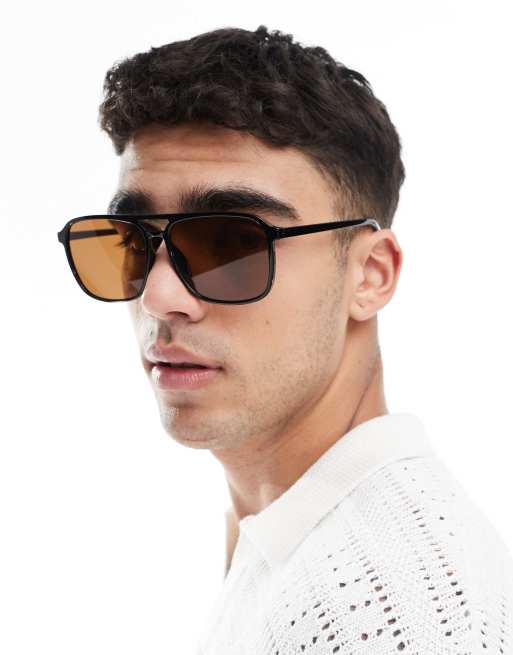 ASOS DESIGN - Lunettes de soleil aviateur avec monture noire et verres marron, 3 de 3