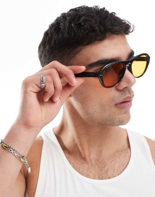 ASOS DESIGN - Lunettes de soleil aviateur avec verres ambrés et monture noire, 3 de 3