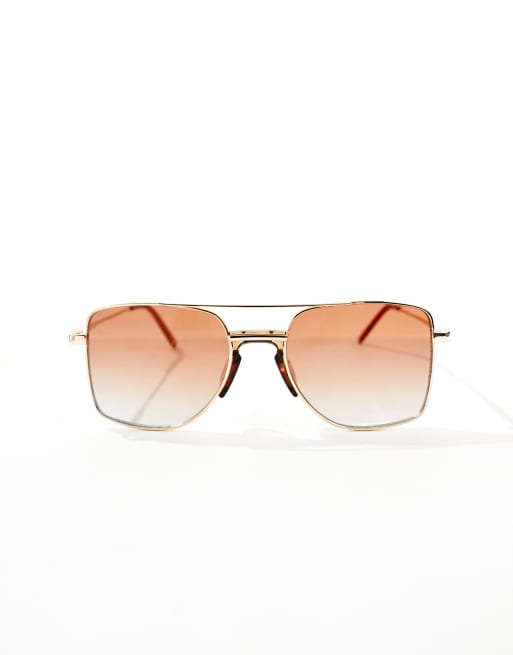 ASOS DESIGN - Lunettes de soleil aviateur avec verres marron et monture dorée en métal, 4 de 4