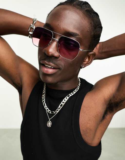 ASOS DESIGN - Lunettes de soleil aviateur avec verres violet dégradé - Argenté