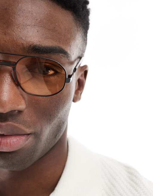 ASOS DESIGN - Lunettes de soleil aviateur en métal à verres ambrés - Noir  , 3 de 3