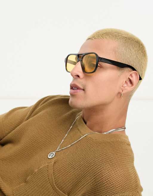 ASOS DESIGN - Lunettes de soleil carrées à monture noire et verres jaunes