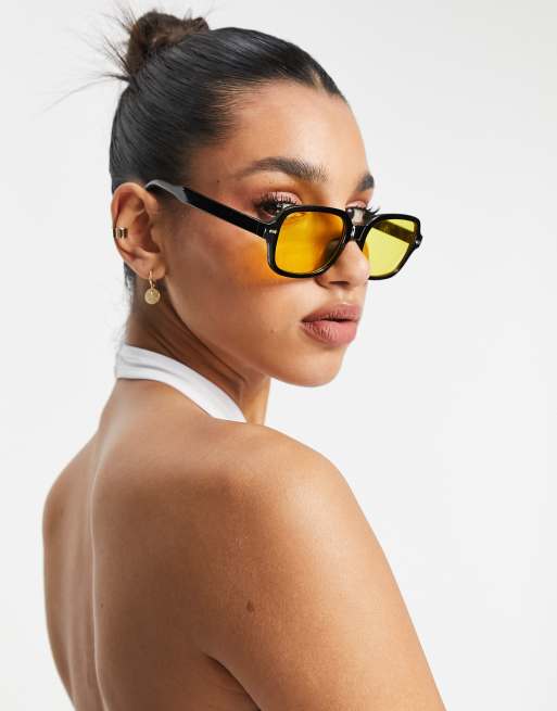 ASOS DESIGN - Lunettes de soleil carrées à monture noire et verres jaunes