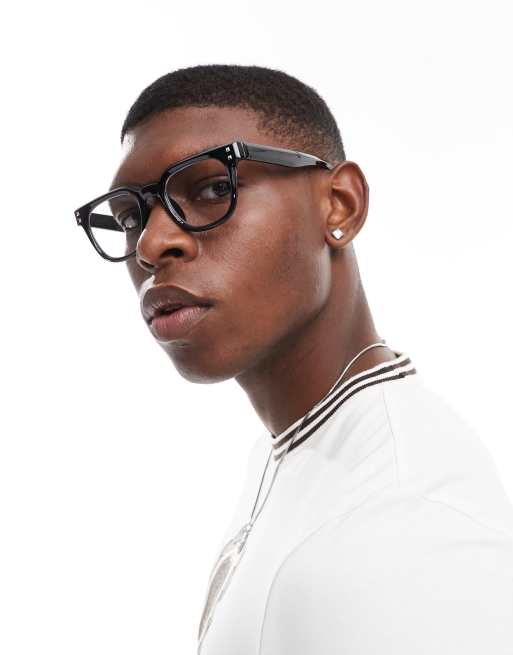 ASOS DESIGN - Lunettes de soleil carrées à verres transparents anti-lumière bleue et détails argentés - Noir
