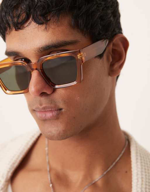 ASOS DESIGN - Lunettes de soleil carrées avec monture biseautée et verres verts fumés - Ambré, 3 de 3
