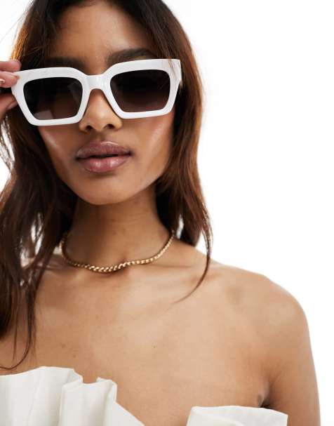 ASOS DESIGN - Lunettes de soleil carrées biseautées - Blanc - view 1