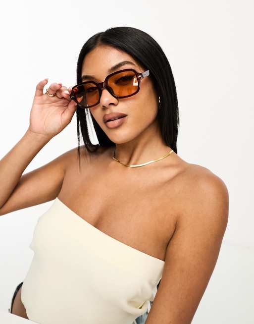 ASOS DESIGN Lunettes de soleil carr es mi paisses avec verres marron clair Marron