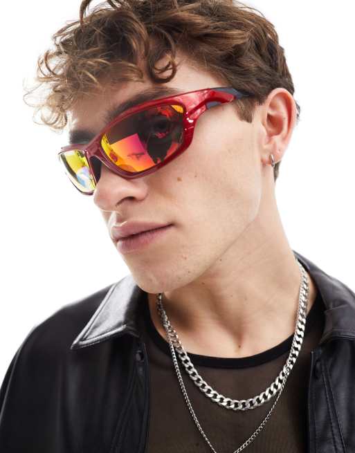 ASOS DESIGN - Lunettes de soleil de course style années 2000 à verres effet miroir - Rouge