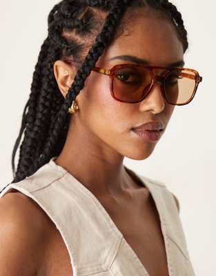 ASOS DESIGN - Lunettes de soleil de soleil aviateur à verres marron clair - Écaille de tortue miel