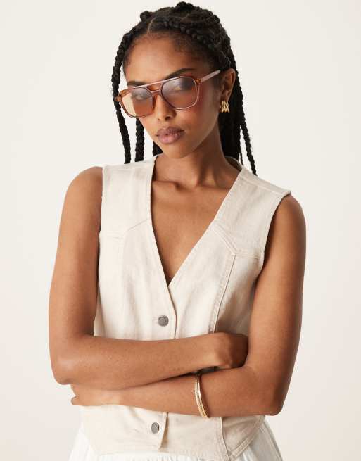 ASOS DESIGN - Lunettes de soleil de soleil aviateur à verres marron clair - Écaille de tortue miel, 3 de 3