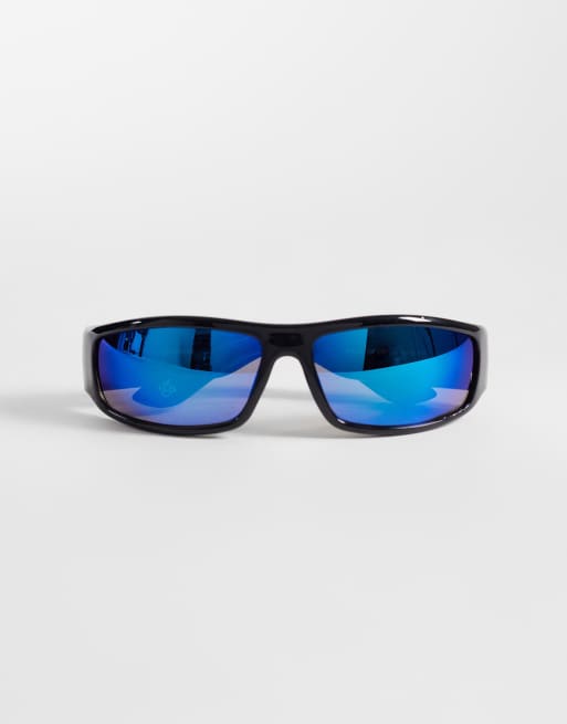 ASOS DESIGN - Lunettes de soleil enveloppantes à verres bleus réfléchissants - Noir, 3 de 3