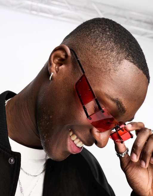 ASOS DESIGN - Lunettes de soleil enveloppantes sans monture avec verres latéraux rouges - Noir