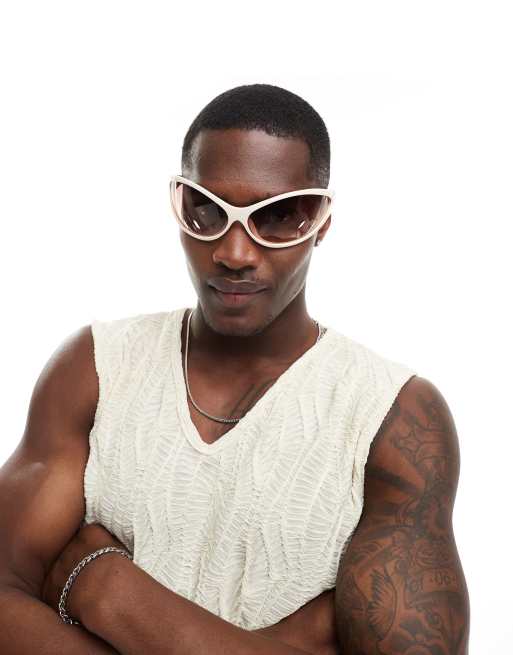 ASOS DESIGN - Lunettes de soleil enveloppantes style années 2000 à verres marron - Crème, 3 de 4