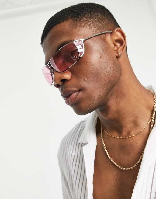 ASOS DESIGN - Lunettes de soleil enveloppantes style années 2000 avec verres roses et détail à strass