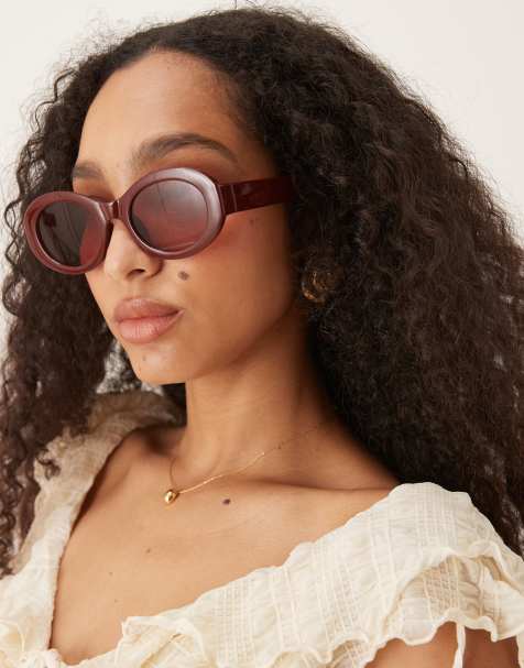 ASOS DESIGN - Lunettes de soleil épaisses à verres ovales biseautés - Bordeaux - view 1