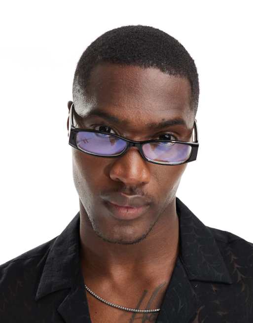 ASOS DESIGN - Lunettes de soleil fines et rectangulaires avec verres anti-lumière bleue - Noir