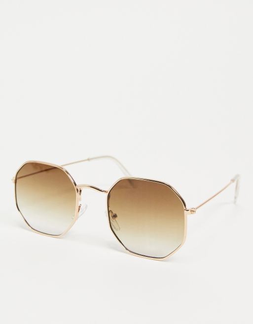 ASOS DESIGN Lunettes de soleil hexagonales en m tal avec verres marron d grad s Dor