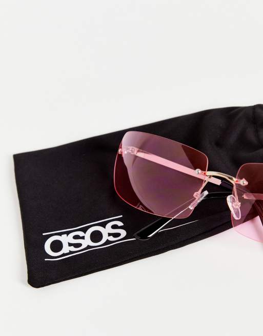 ASOS DESIGN - Lunettes de soleil oversize effet enveloppant sans cerclage style années 90 - Rose , 4 de 4