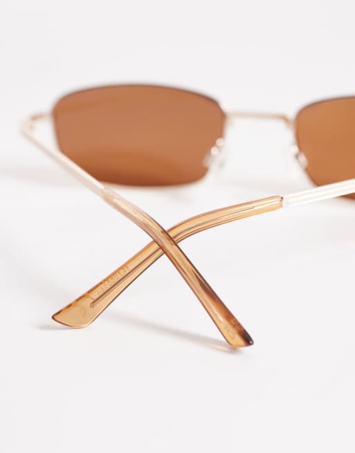 ASOS DESIGN - Lunettes de soleil rectangulaires en métal à verres marron - Doré, 2 de 3