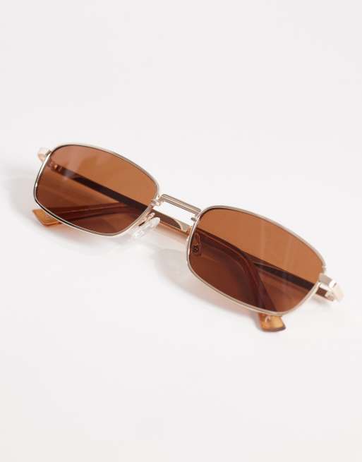 ASOS DESIGN - Lunettes de soleil rectangulaires en métal à verres marron - Doré, 3 de 3