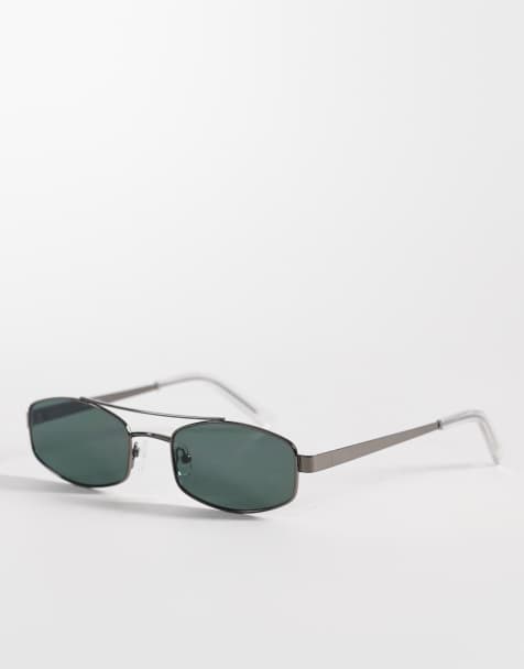 ASOS DESIGN - Lunettes de soleil rectangulaires en métal avec verres verts - Gris acier - view 1