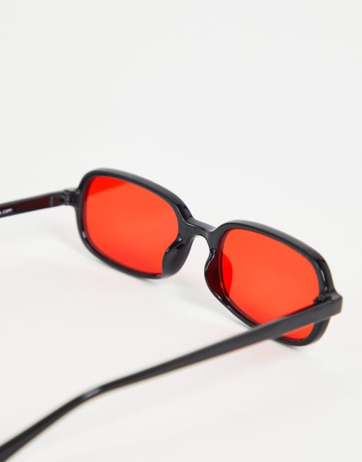 ASOS DESIGN Lunettes de soleil rectangulaires r tro avec verres rouges Noir BLACK