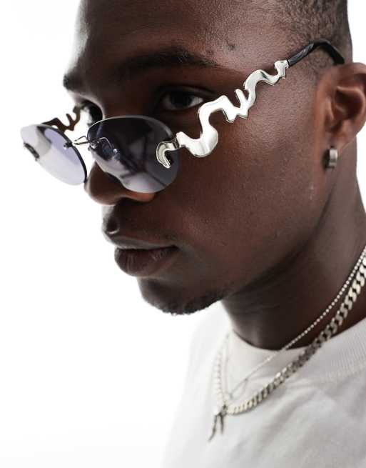 ASOS DESIGN - Lunettes de soleil sans monture avec branches effet martelé - Noir, 2 de 4