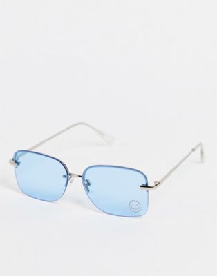 ASOS DESIGN rimless 90s sunglasses with diamante happy face detail in blue  - ASOS Price Checker