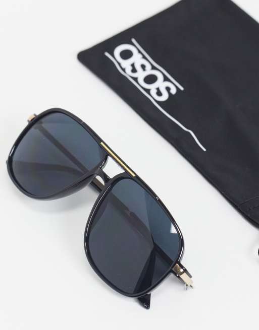 ASOS DESIGN - Lunettes de soleil style aviateur à verres fumés - Noir et doré, 3 de 4